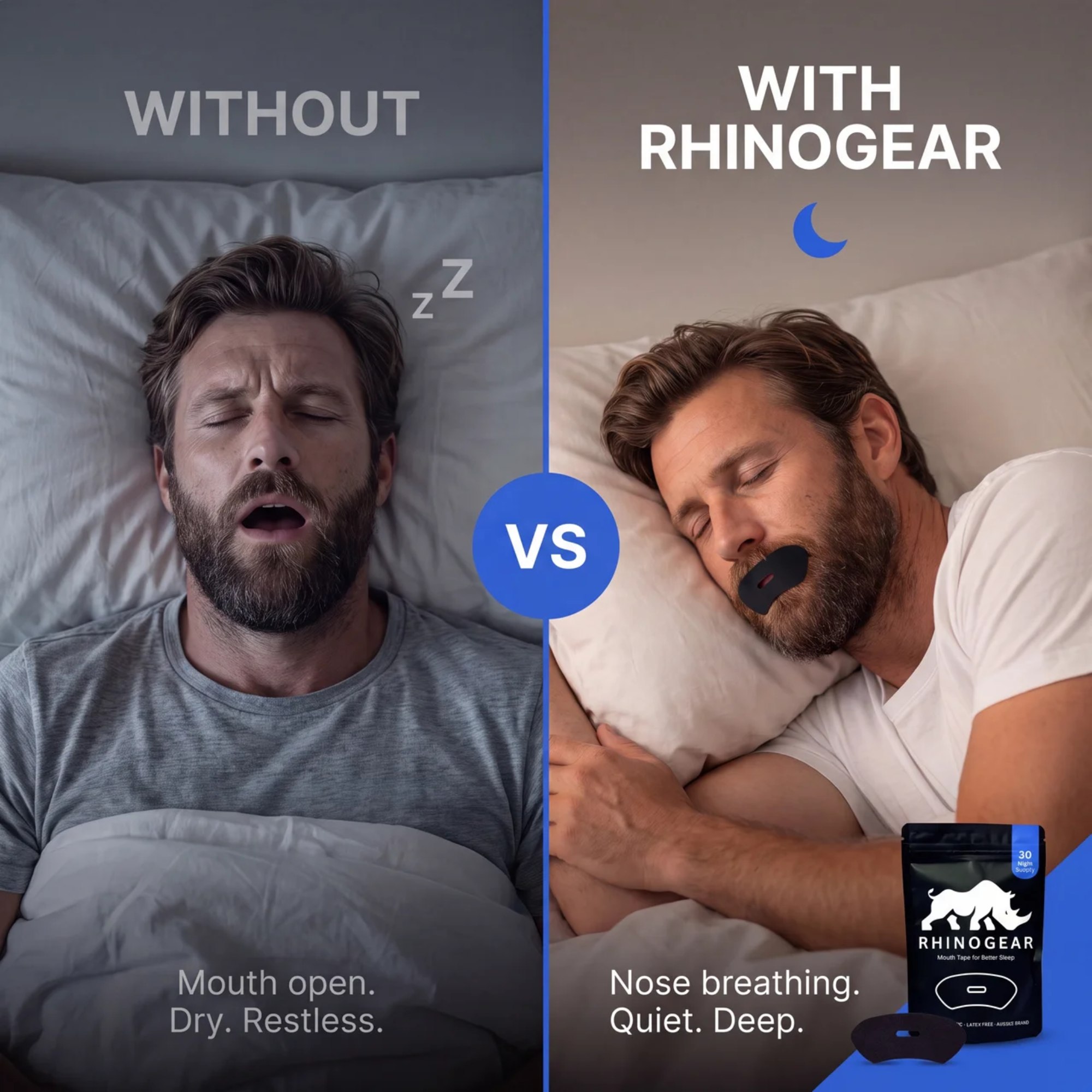 Before and after comparison: a man sleeping with his mouth open and snoring, versus the same man sleeping with lips closed wearing RhinoGear vented mouth tape.