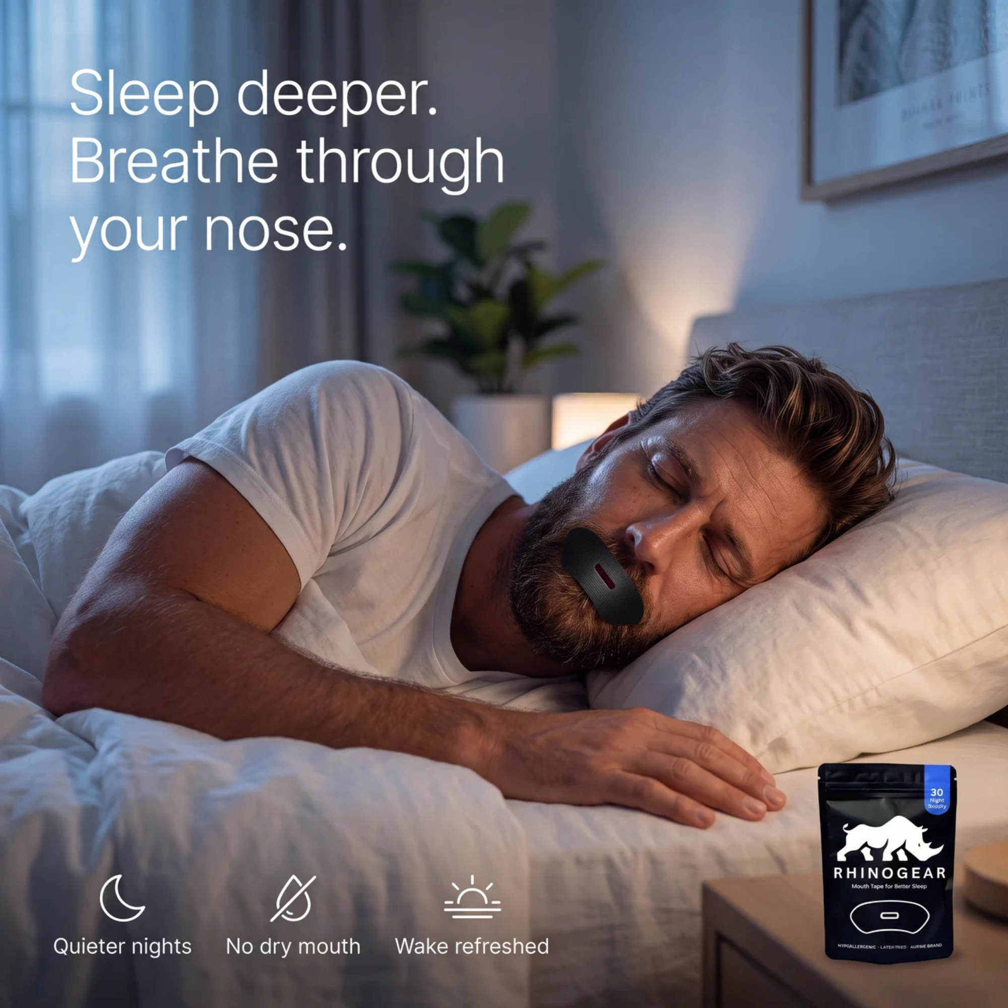 Man sleeping soundly wearing RhinoGear mouth tape, with quieter nights and no dry mouth benefits highlighted.