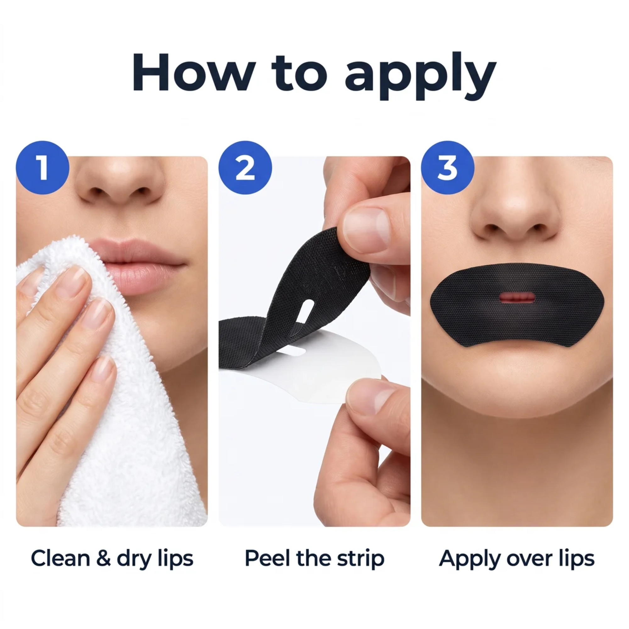How to apply RhinoGear mouth tape in three steps: clean and dry your lips, centre the vented strip over closed lips, then peel it off gently in the morning.
