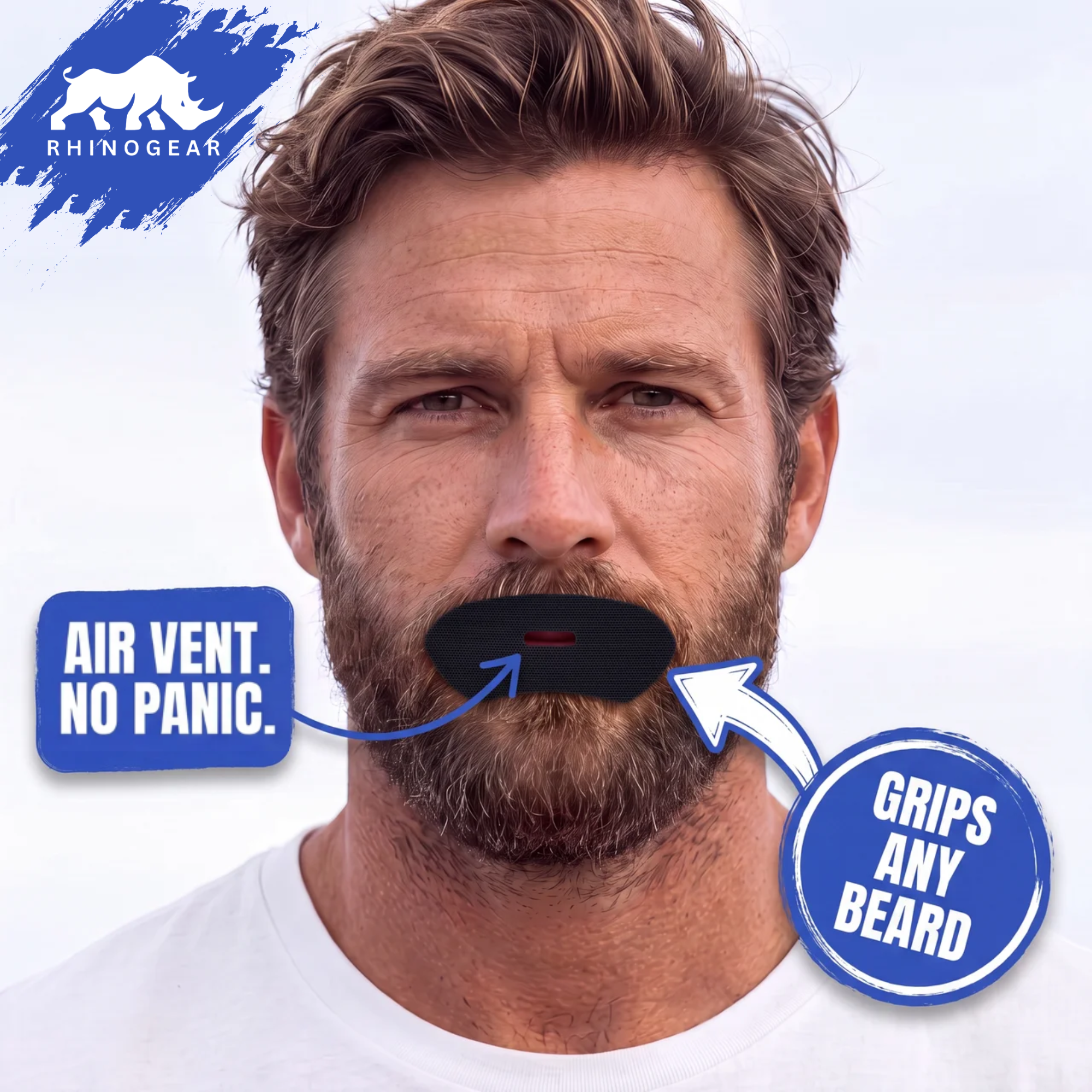 Close-up of a man with a beard wearing RhinoGear mouth tape, showing the centre air vent and the strip gripping over stubble and facial hair.