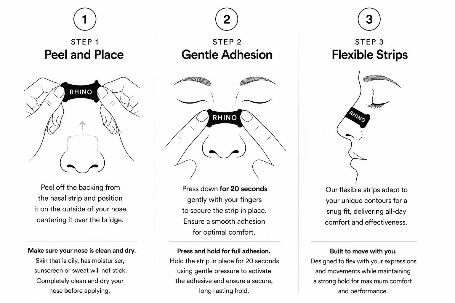 How to apply RhinoGear nasal strips in three steps: peel and place, gentle adhesion, flexible strips