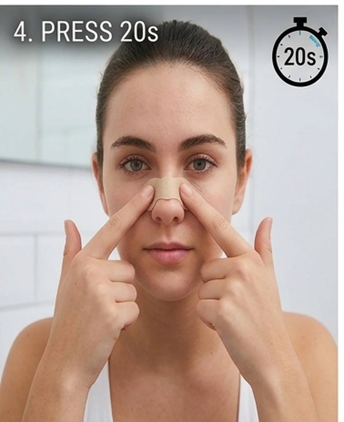How to apply nasal strips step 4 — press the nose strip down firmly for 20 seconds