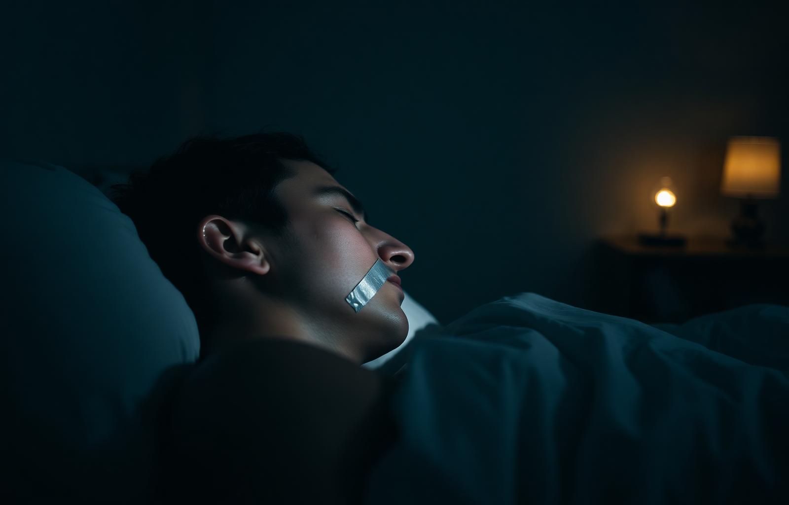 Adult sleeping in bed wearing a strip of RhinoGear mouth tape