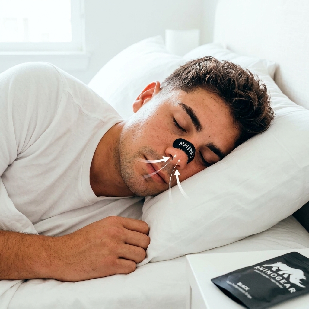 Man sleeping on white pillow wearing a black RhinoGear nasal strip with airflow arrows showing open nasal breathing