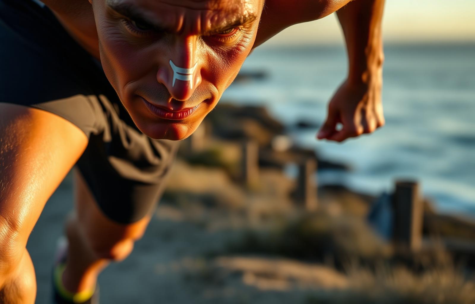 Australian runner wearing a RhinoGear nasal strip mid-stride at sunrise