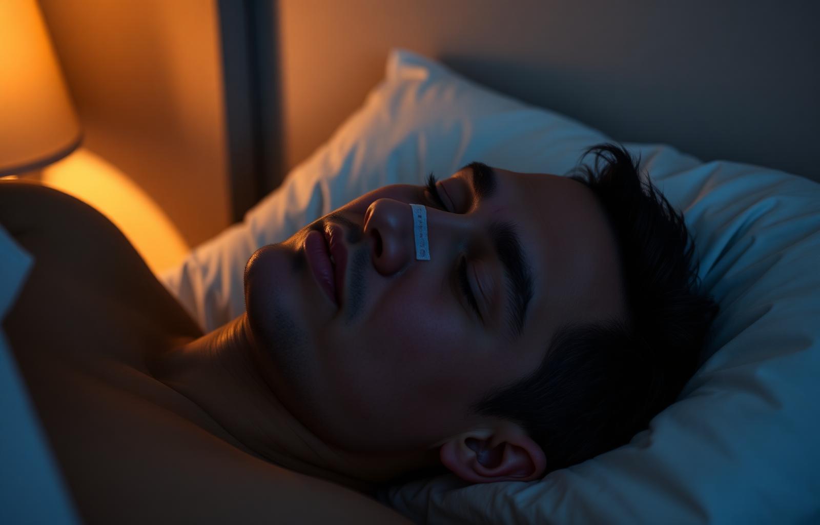 Side profile of an adult sleeping with a RhinoGear nasal strip on the nose