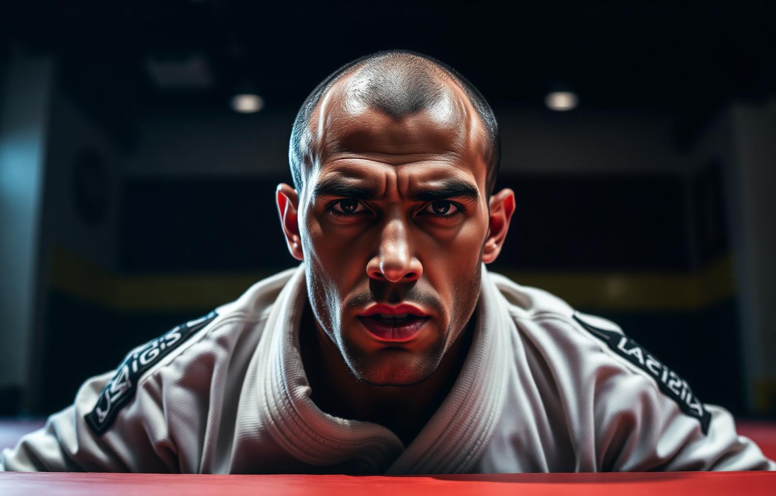 Brazilian jiu-jitsu athlete in gi wearing a RhinoGear nose strip on the mat